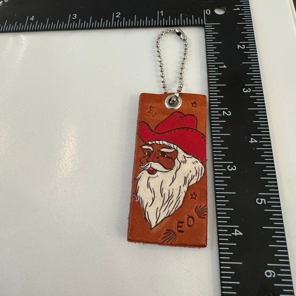 Hand Painted Leather Cowboy Santa Claus Keychain Unique Western Holiday Charm